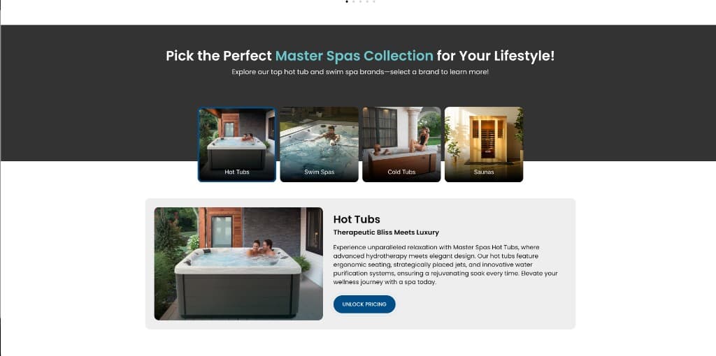 Master Spas landing page example with brand collections and pricing CTA