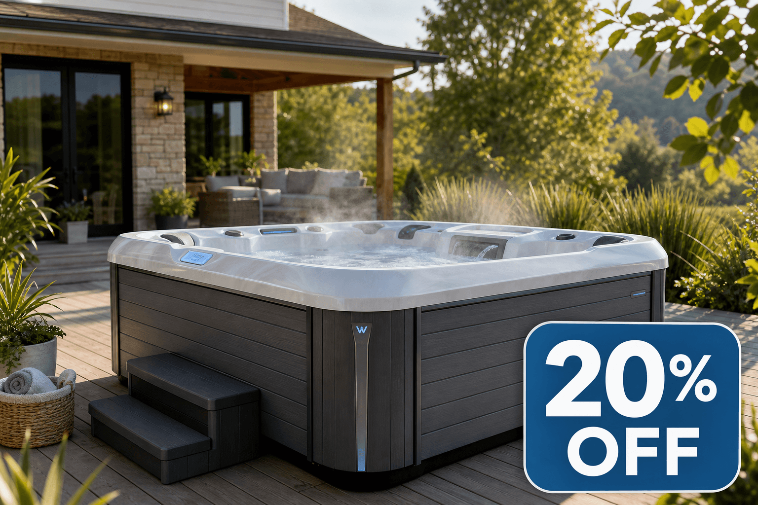 Instagram ad creative showing a hot tub product with 20% off promotion